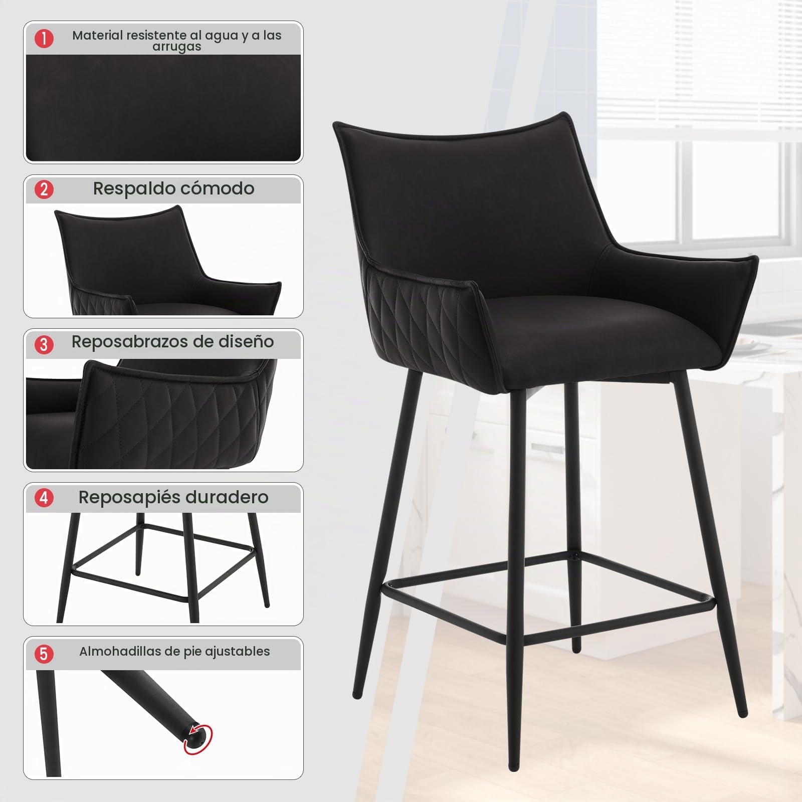 WOLTU Juego de 2 Taburetes de Bar con Respaldo Asiento PU, Antracita | para Comedor, Salón y Cafetería
