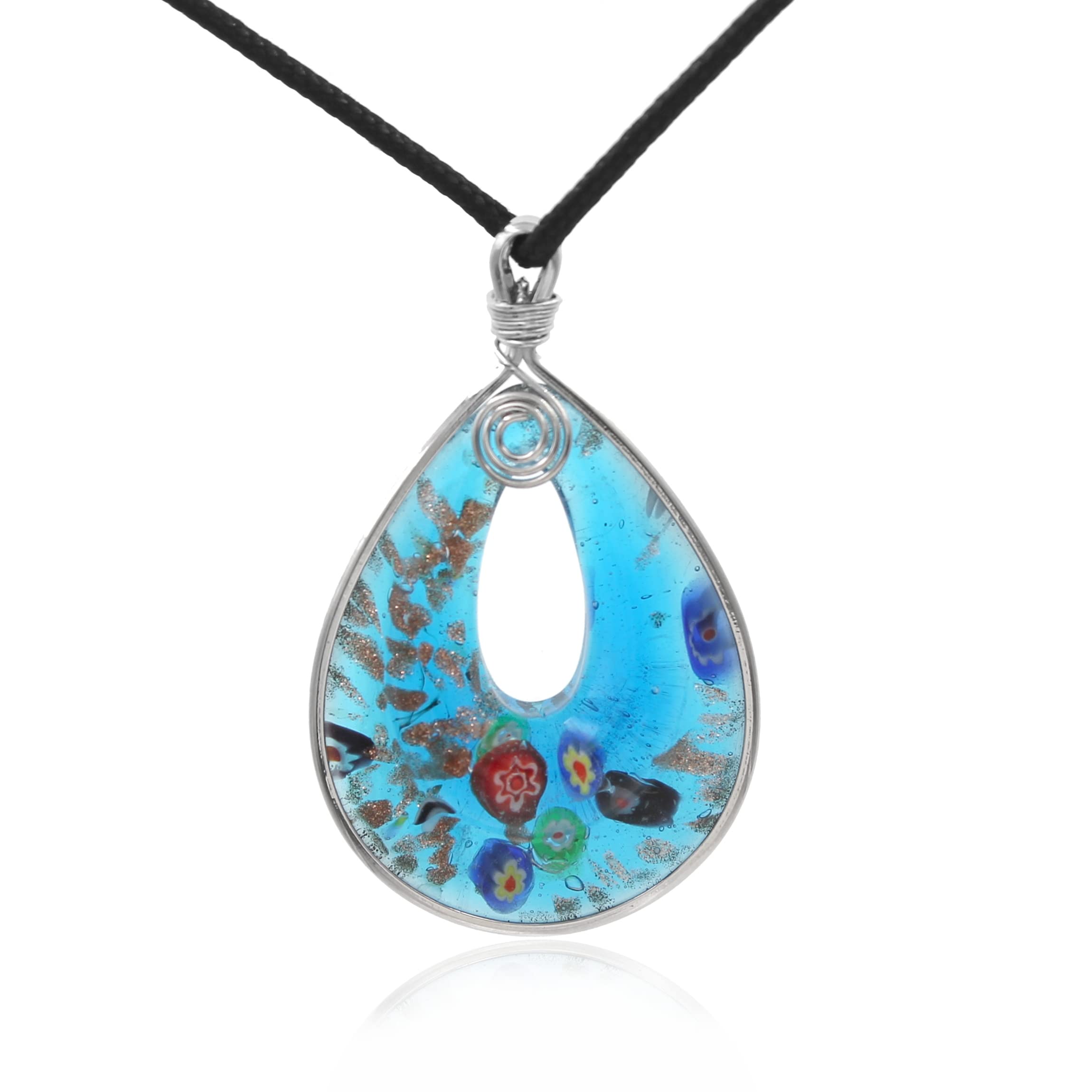 BESHEEKHandmade Murano Inspired Blown Glass Lampwork Art Aqua Blue Millefiori Teardrop Donut Necklace Pendant Handcrafted Artisan Hypoallergenic Italian Style Jewelry