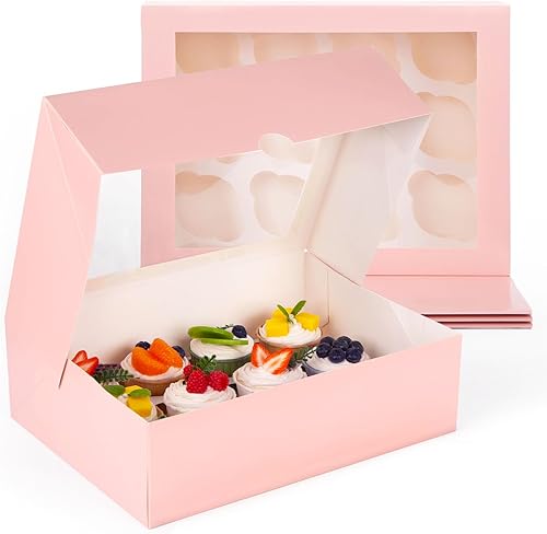 VGOODALL 6 recipientes para cupcakes con ventana, soporte rosa para cupcakes con inserción, 12 unidades con capacidad para 72 cupcakes para el día