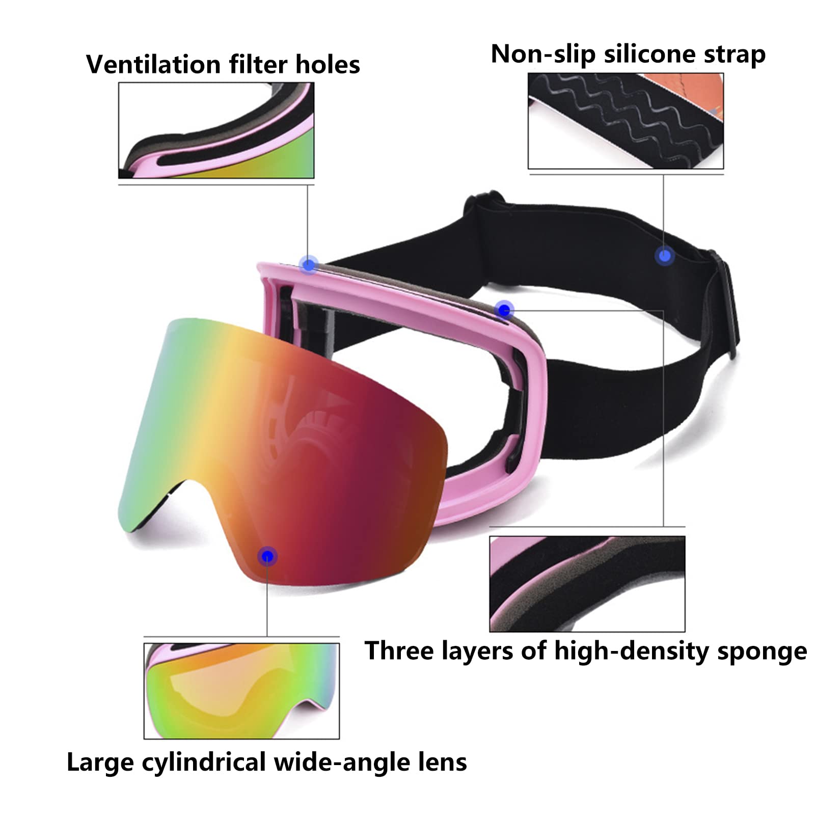 Lunettes de Ski OTG, Masque de Ski 100% Protection UV400 Anti-buée, Protection Lunettes Lens pour Hommes & Femme pour Cyclisme Snowboard Randonnée, Compatible avec Casque