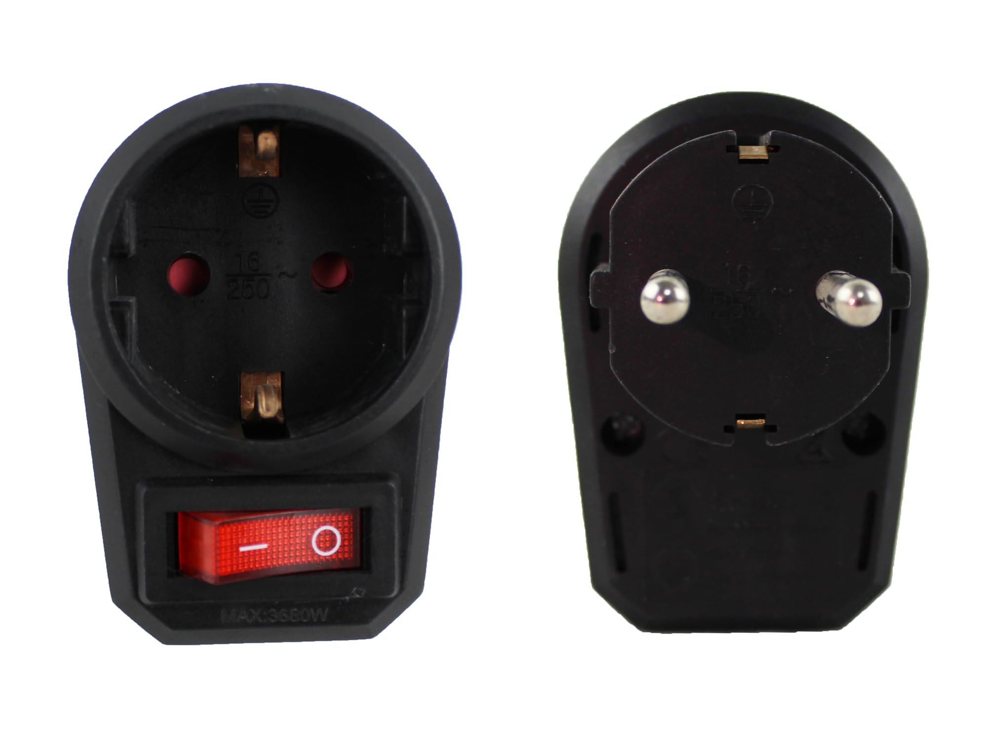Enchufe con interruptor para la toma de corriente Adaptador enchufe para 1 tomas de tierra, enchufe con mayor protección accidental PACK 2 (negro)