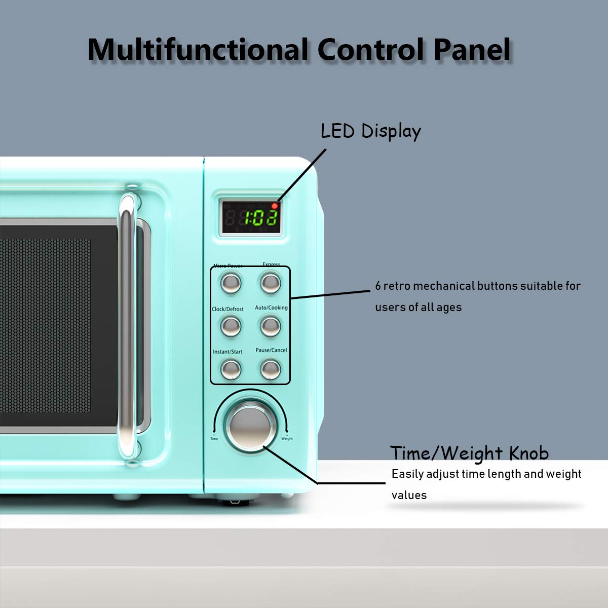 Nightcore Countert - Horno microondas retro, grande de 0.7 pies cúbicos, 700 vatios, encimera de acero laminado en frío con ajuste de tiempo, placa giratoria de vidrio, cocina preprogramada, 18 4