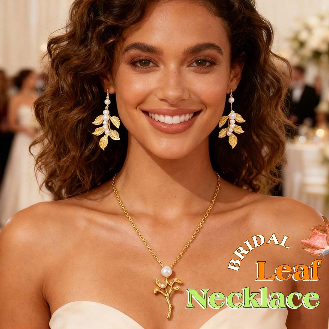 Sixexey Gold Flower Jewelry Set Pearl Flower Leaf Necklace Earrings Bridal Wedding Prom Costume Jewelry Accessories for Women - Image 7