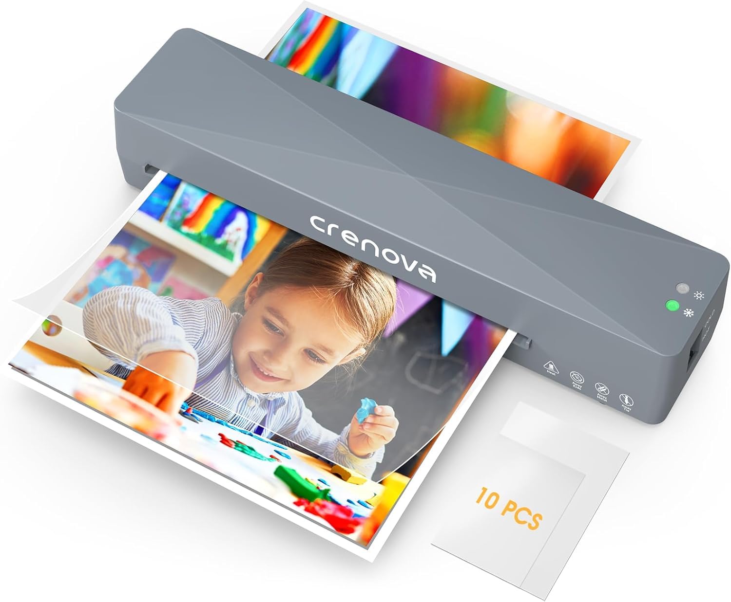 Crenova A4 Laminator Machine, Hot & Cold Laminator with Fast Warm-Up, ABS Anti-Jam, Includes 10 Laminating Pouches, Bubble-Free for Home, Office & School Use (Gray)