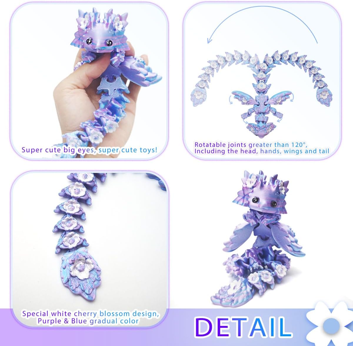 3D Printed Axolotl Fidget, Big 3 d Print Flower Axolotls Dragon with Flexible Wings, 12 inch Wiggly Hand-Paint Articulated Large Creatures Blue Violet Purple