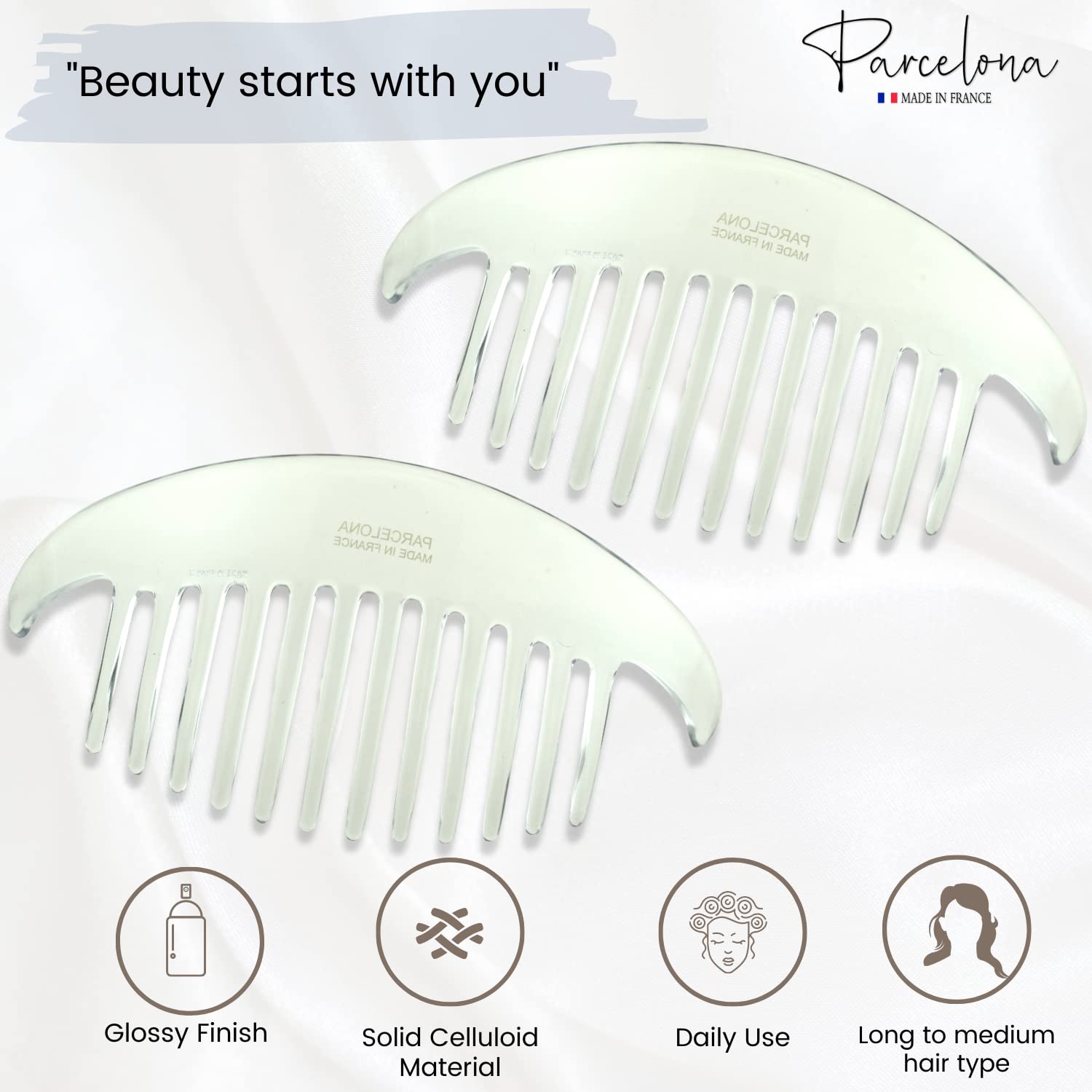 Parcelona French Alice Large 51/2" Celluloid Acetate Side Hair Comb Set of 2 Flexible Interlocking No Slip 12 Teeth Ponytail Durable Women Hair Accessories Side Hair Clip for Girls, Made in France(Clear)