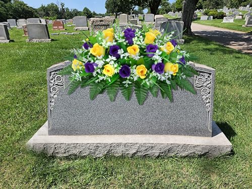 LVXINLI Artificial Cemetery Flowers Saddle-Shaped Tombstone Decorations Non-Fading UV-Resistant（ Yellow+Purple Saddle） image 3