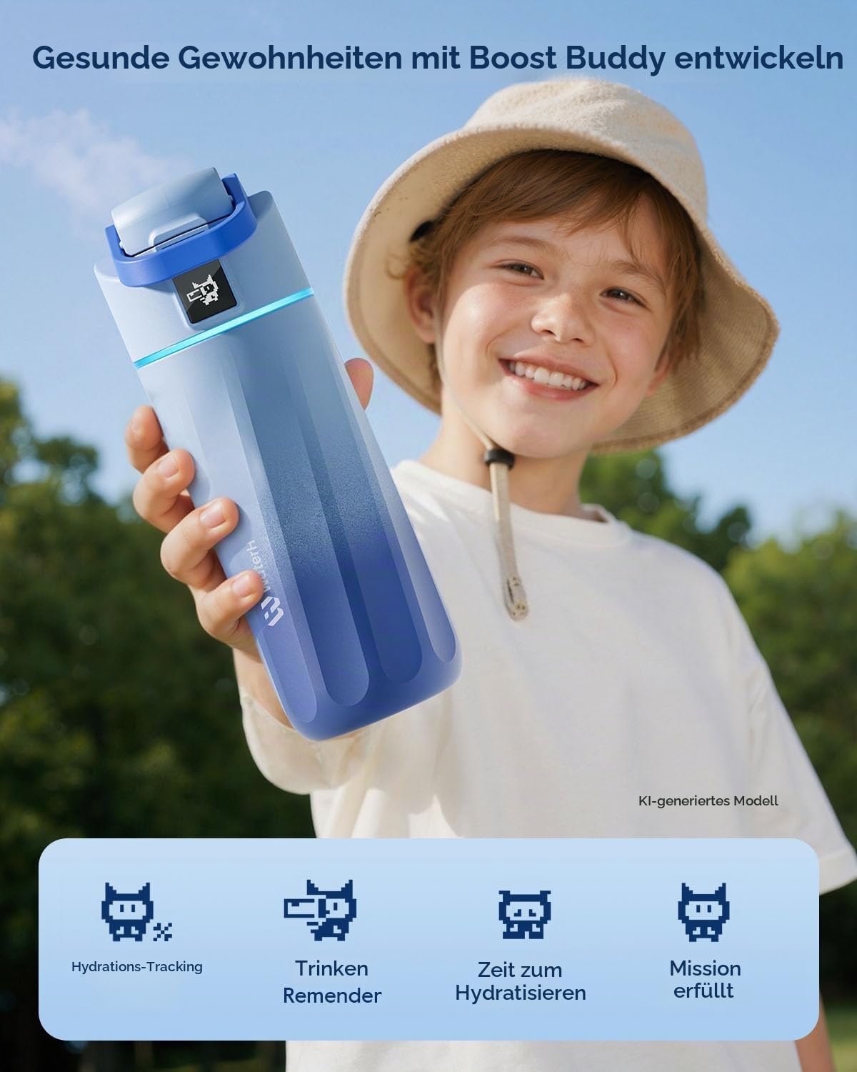 BOOST Intelligente Wasserflasche mit Erinnerungsfunktion & Tracker, 470 ml Trinkflasche für Kinder (Schule), DIY Kühlschrankmagnete, BPA-frei, vakuumisolierter Edelstahl, ideal für Reisen & Camping