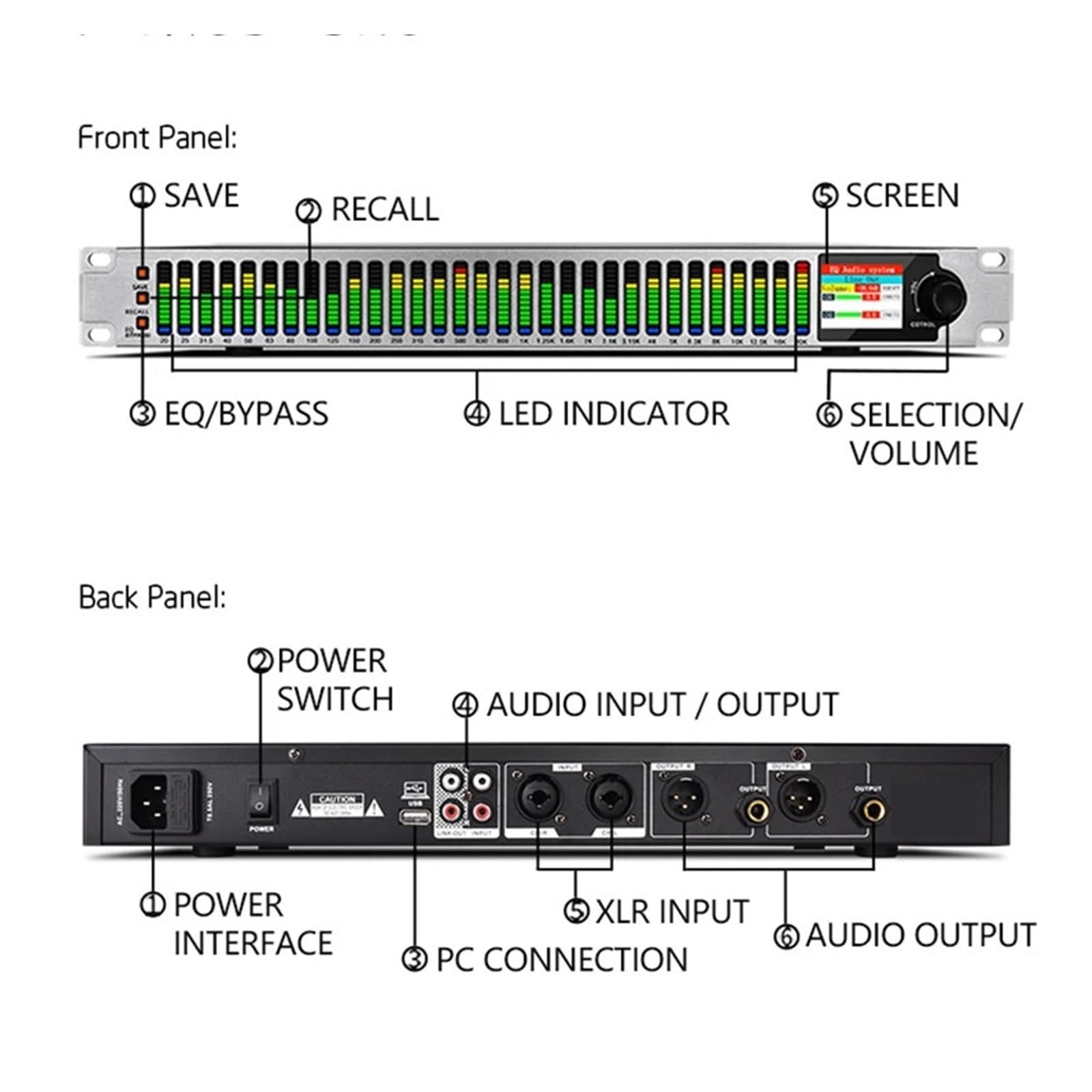 EQ800 Ecualizador Gráfico Digital De 31 Bandas Control De PC Equipo De Audio DSP Profesional Procesador De Altavoz De Karaoke(WHITE)