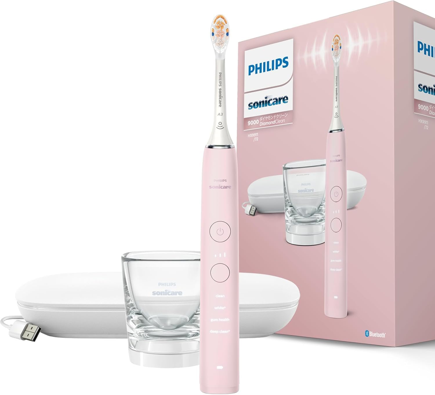Philips Sonicare DiamondClean 9000 HX9911/72 Electric Toothbrush, Pink, Travel, Portable, Rechargeable, App Linked, Travel Case and Charging Glass Included
