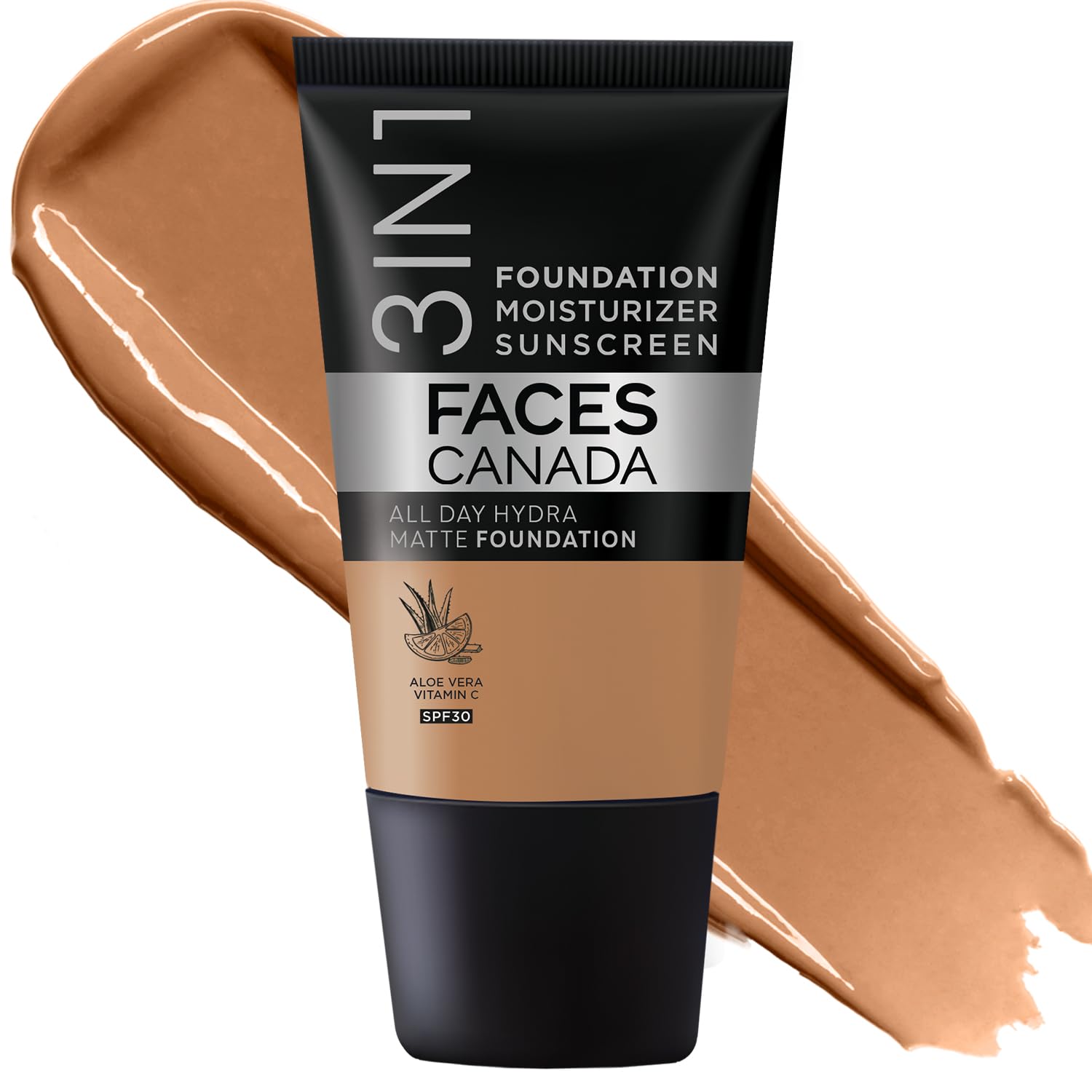 FacesCANADA All Day Hydra Matte Foundation - Mini 3in1 Foundation + Moisturizer + SPF 30 24 HR Aloe Hydration & Vitamin C 10HR Wear Medium to High Buildable Coverage Warm Sand (18 ml)[Amazon-developed Certification] Compact by Design