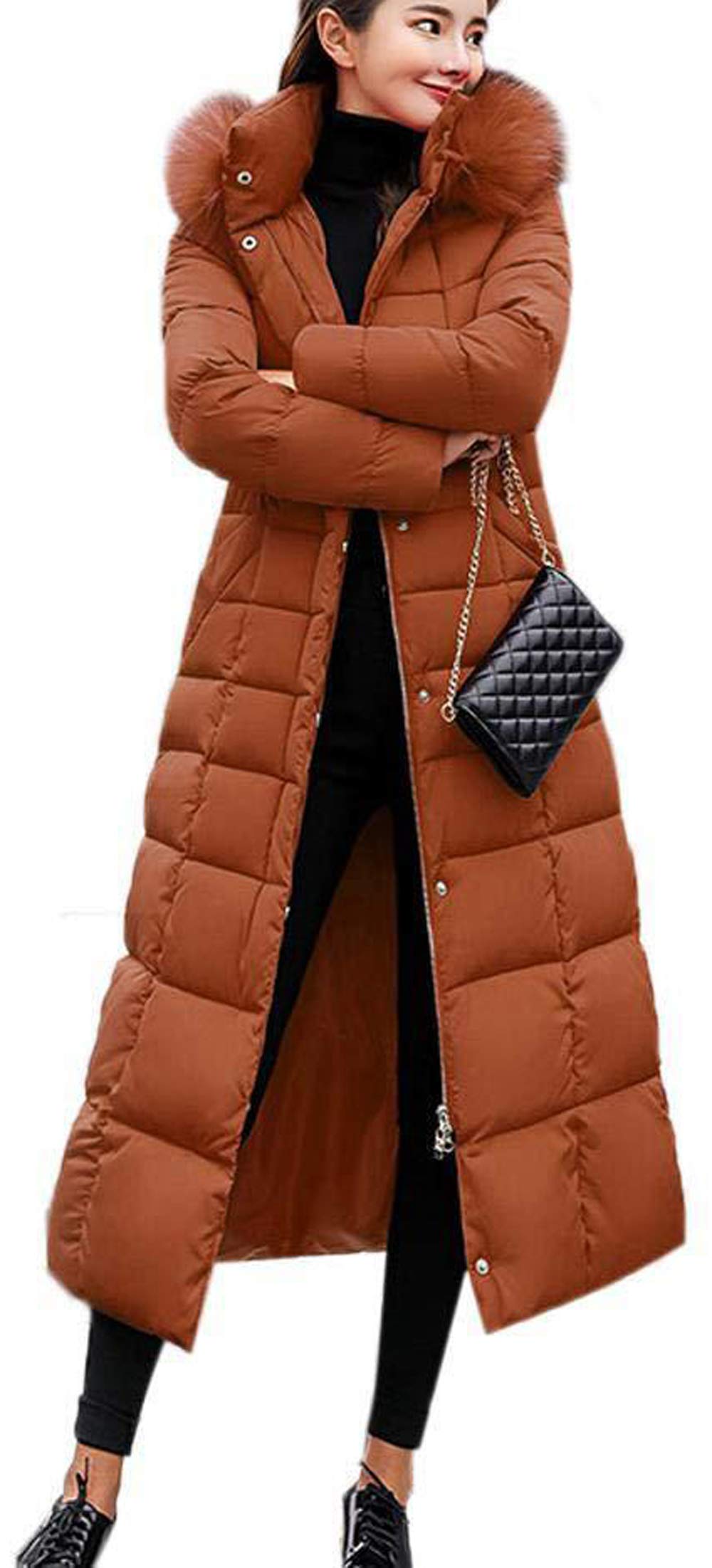 Earnmore Women's Brown Down Jacket Thickened Long Hooded Coat Outerwear Winter Quilted Jacket Puffer Coat