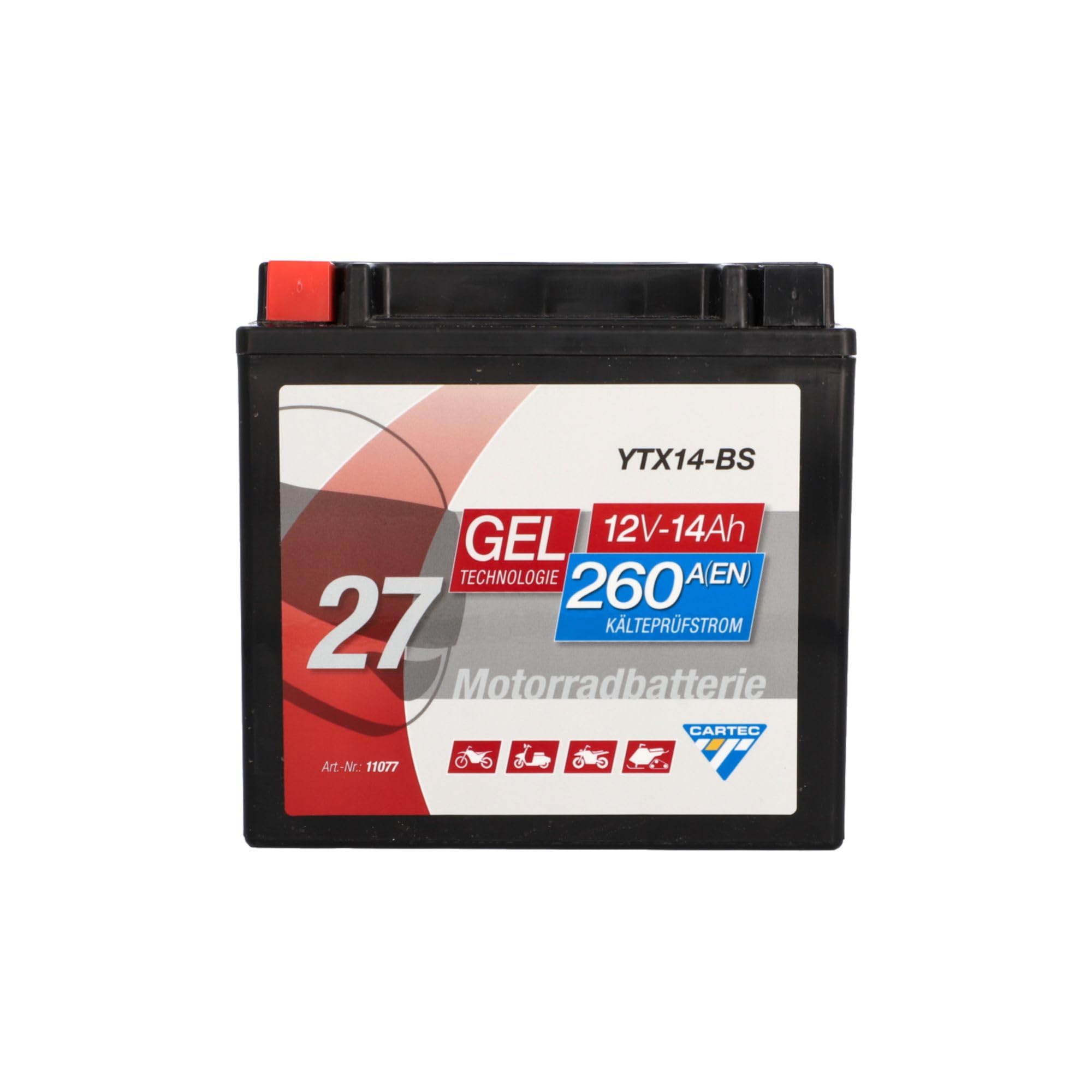 CARTEC Batería de motocicleta YTX14-BS, 14Ah, 260A, tecnología de gel, calidad original, resistente al ciclo, almacenable, sin mantenimiento, color negro