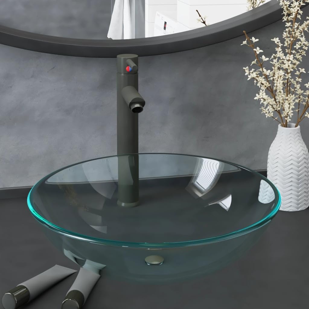 Umywalka ze szkła hartowanego z kranem i zestawem odpływowym push, okrągła umywalka nasadowa o średnicy 42 cm, bateria jednouchwytowa, zajmuje mało miejsca, łatwa w utrzymaniu, do łazienki