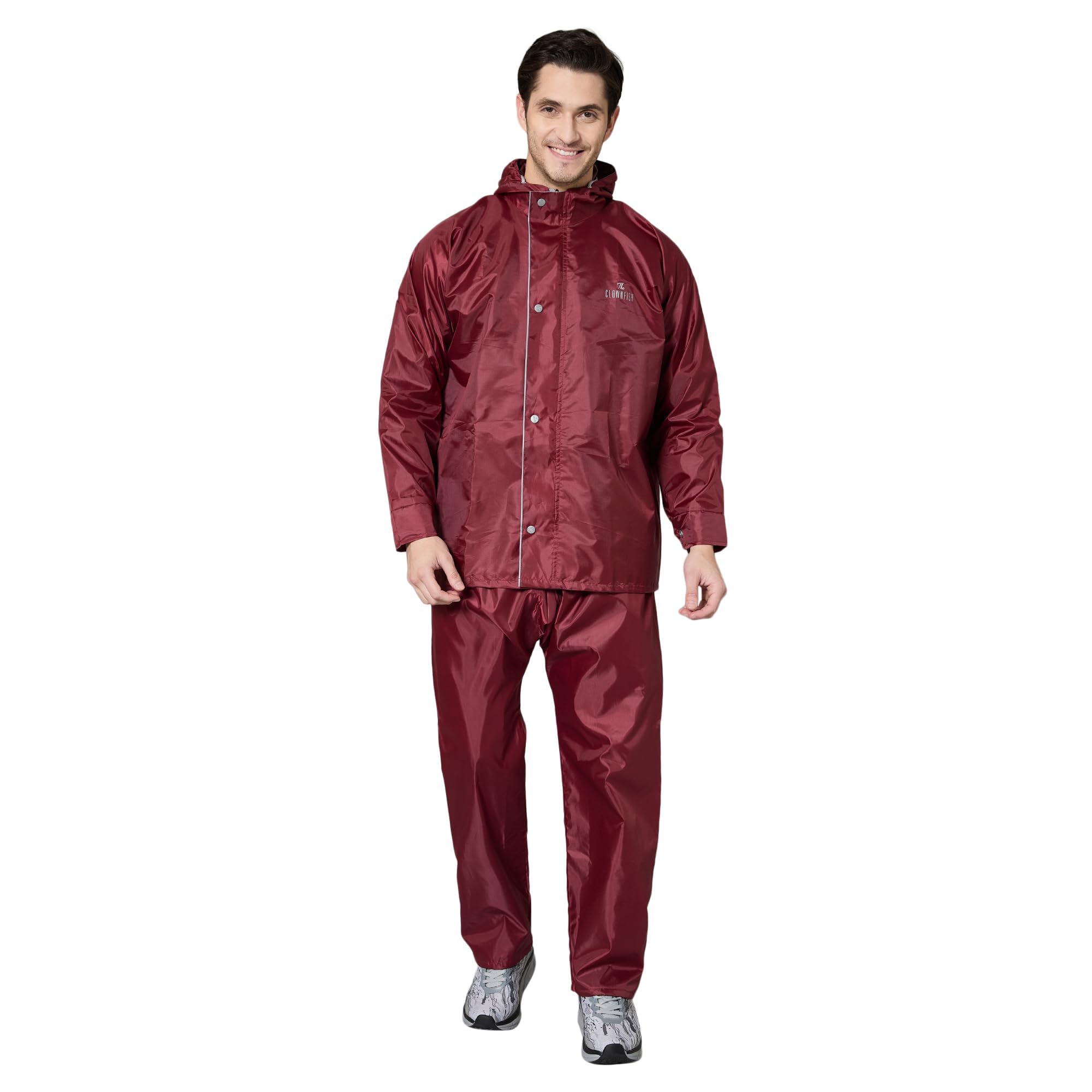 Waterproof Standard Length Rain Coat For Men With Pants Polyester Reversible Double Layer Rain Coat For Men Rain Jacket Suit Inner Mobile Pocket With Storage Bag(Maroon),X-Large