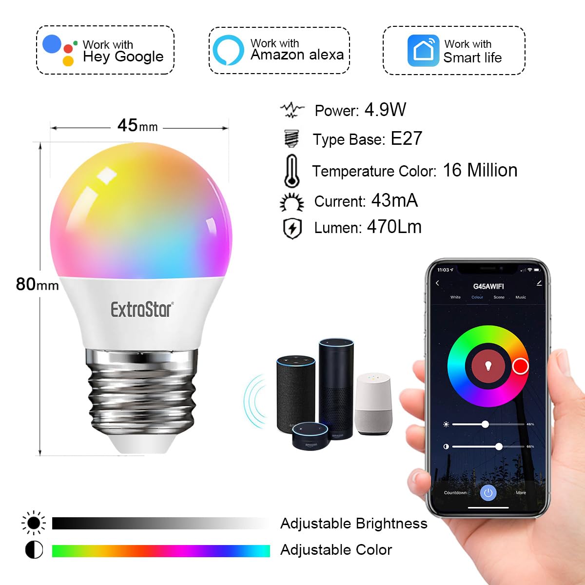 EXTRASTAR Bombilla Alexa LED Intelligente E27, 4.9W, 470lm, Regulable Multicolor + Luz Cálida o Blanca, 16 Millones de Colores, Funciona con Alexa y Google Home, 1 Pc
