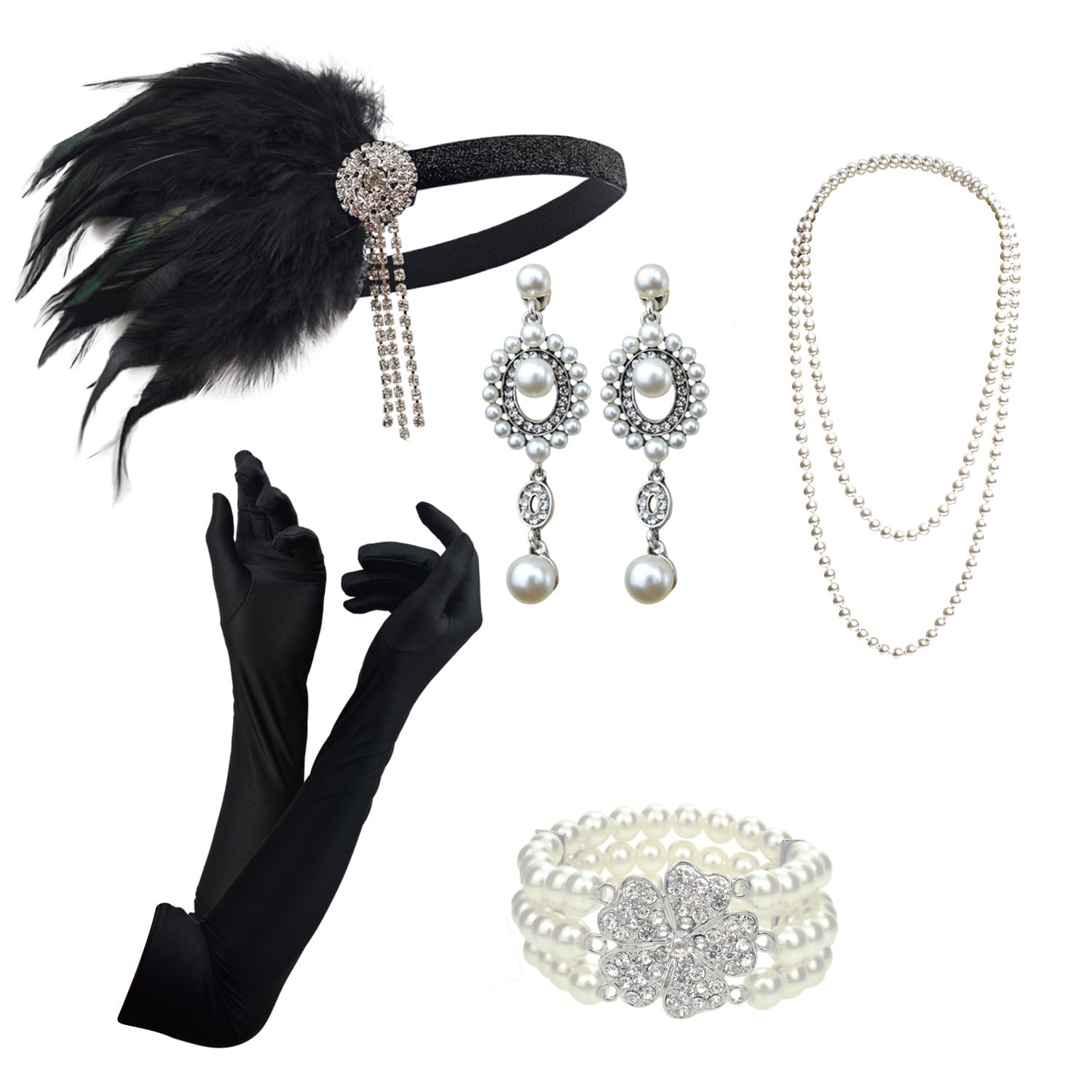 DRESHOW 1920s Accessori Flapper Anni 20s Gatsby Costume Set Orecchini Collana Fascia Guanti Estensibile Set Flapper per Festa Ballo