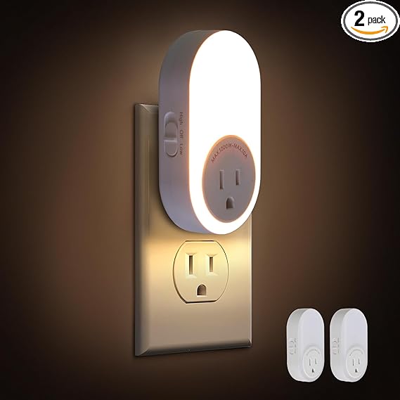 Dawnrise Night Lights Plug Into Wall, Dusk to Dawn Sensor Night Light with Power Outlet, CCT 2200K or 4000K, 5LM or 20LM Adjustable Brightness for Bedroom, Kitchen, Living Room, Office, 2PK