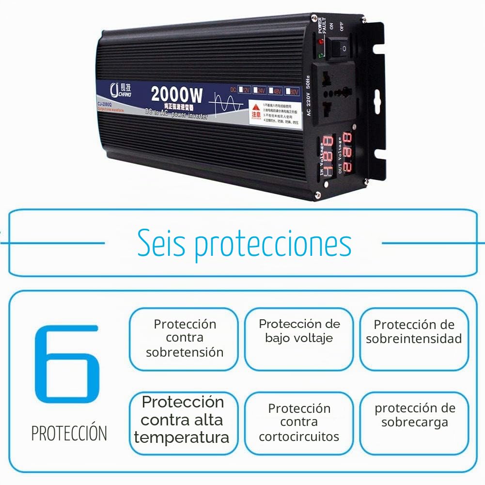 Inversor de Corriente 600 W 1000 W 2000 W 3000 W 4000 W 5000 W 6000 W Onda sinusoidal Pura 48/60 V a 220 V Transformador con Enchufe y USB Dual para Coche, LCD, iPhone, iPad y Tableta
