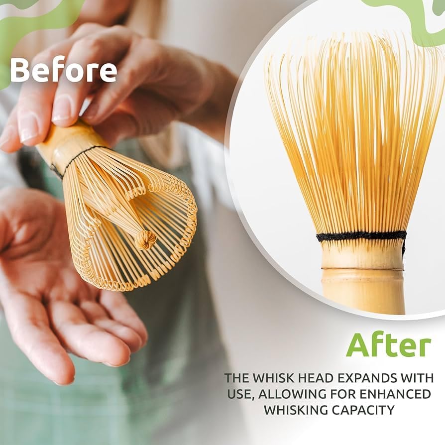 Image of Flavoma (Sets of 3) Japanese Handmade Bamboo Matcha Whisk (Match Brush Japanese Style) + Traditional Scoop (Chashaku) + Ceramic Tea Whisk Holder, Prepare a Traditional Cup of Matcha