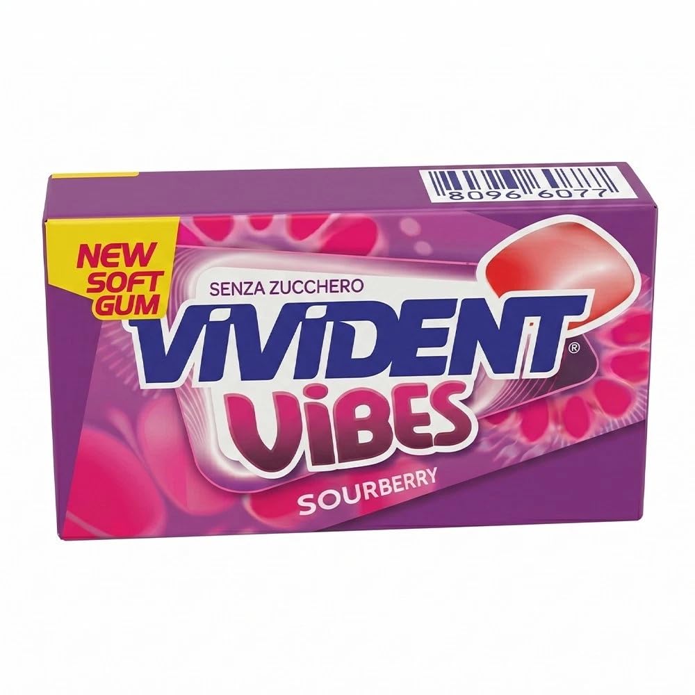 Vivident Vibes Sourberry Soft Gum Gusto Frutti Rossi, Confezione da 16 Astucci, Senza Zucchero, Senza Glutine