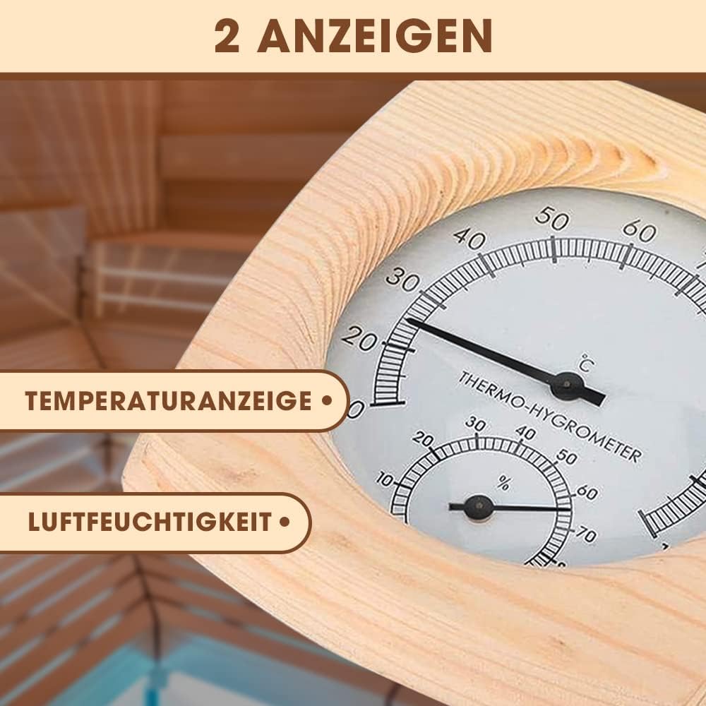 2 in 1 Sauna Thermometer Hygrometer und Sanduhr, Wandmontage umweltfreundlich Sauna Klimamesser Tropfen mit 15 Minuten Rotierender Sandglass Holz für Sauna Innenausstattung, Badezimmer
