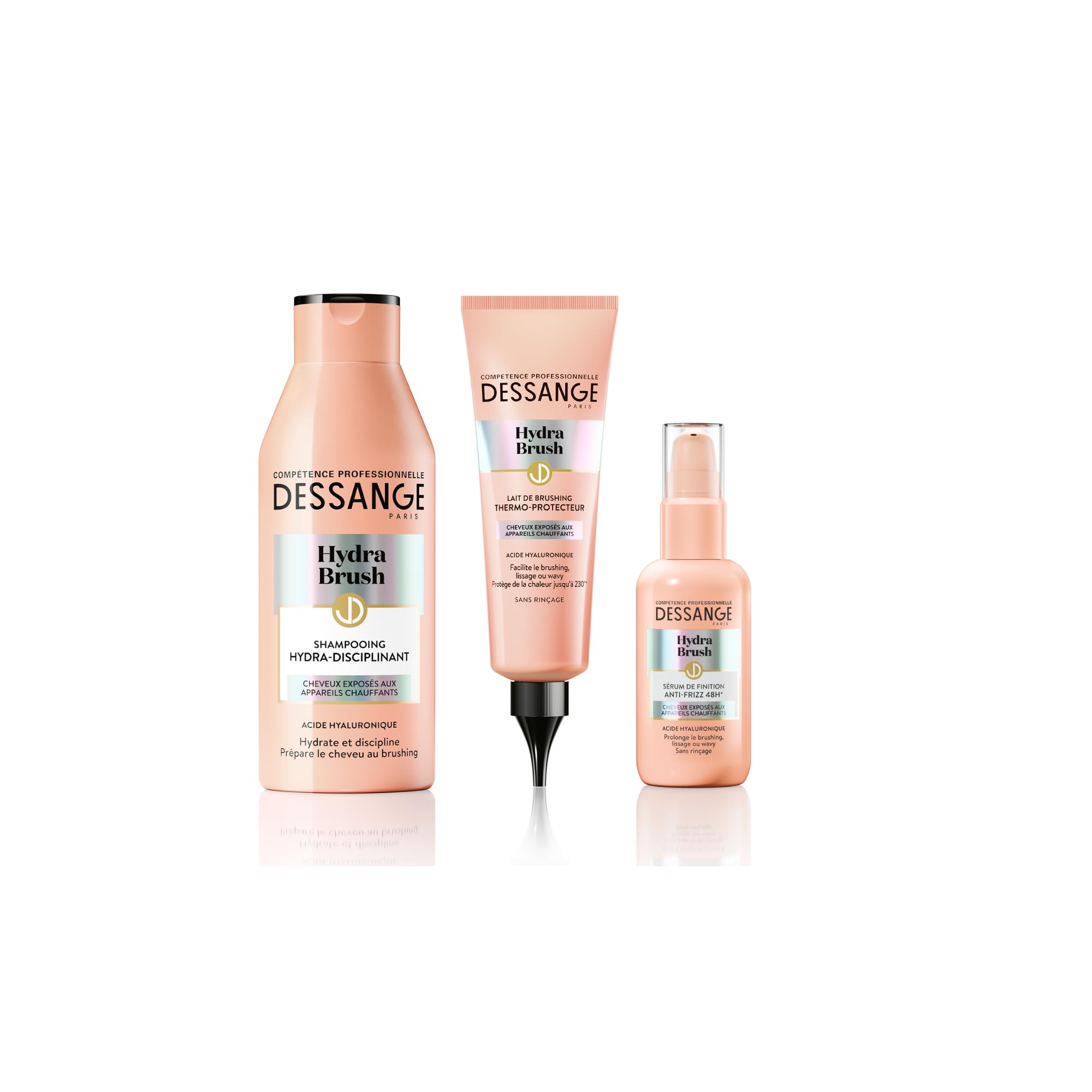 DESSANGE - Zestaw nawilżający i dyscyplinujący Hydra Brush - Dyscyplinujący szampon + Termoprotekcyjne mleko do Brushingu + 48H* Anti -Frizz Finish Serum - Formuła wzbogacona kwasem hialuronowym*