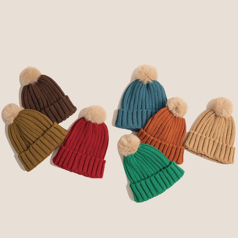 Girls Chunky Knit Hat Winter Warm Beanie Boys Cuffed Skull Caps Ski Hat with Pom 2-8 Years - Image 6