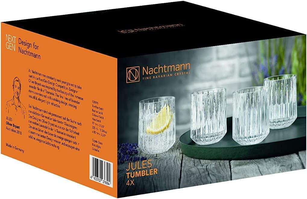 Nachtmann Jules Collection Glass Tumbler Set of 4, 10-Ounce, Clear, Made of Crystal Glass, Use for Water, Sparkling Water, Whiskey, Soft Drinks, and Other Beverages, Dishwasher Safe