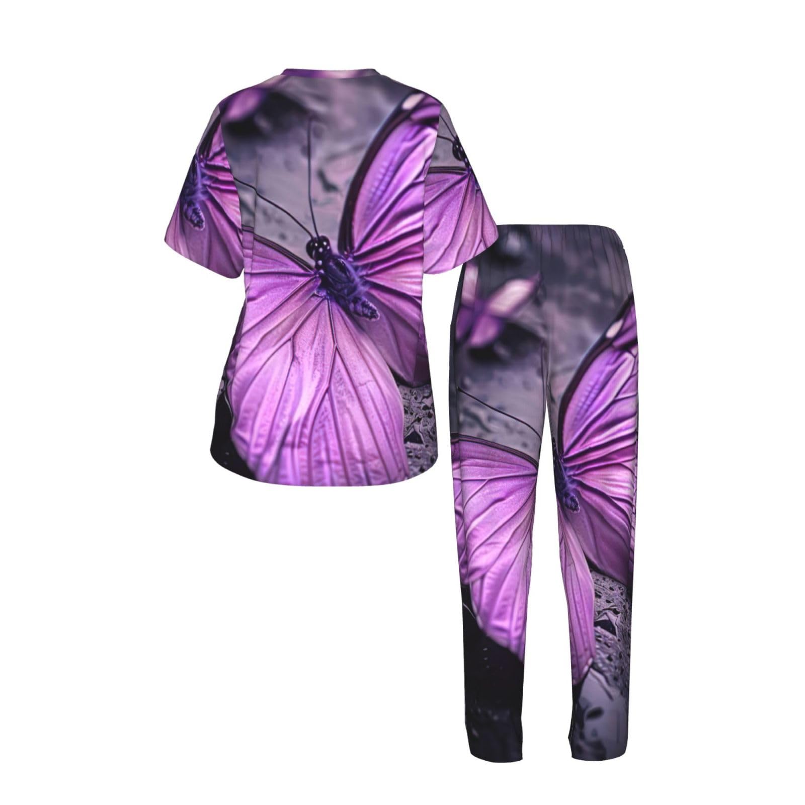 Fioletowy motyl nadruk damska piżama z krótkim rękawem zestaw bielizna nocna lato miękka wygodna domowa bielizna nocna