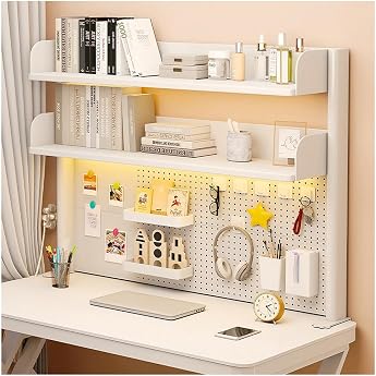 NUODWELL Clip On Desk Organizer Adjustable Countertop Bookshelf Computer Desktop Bookcase with Storage Shelves and Pegboard for Office Privacy Screen and
