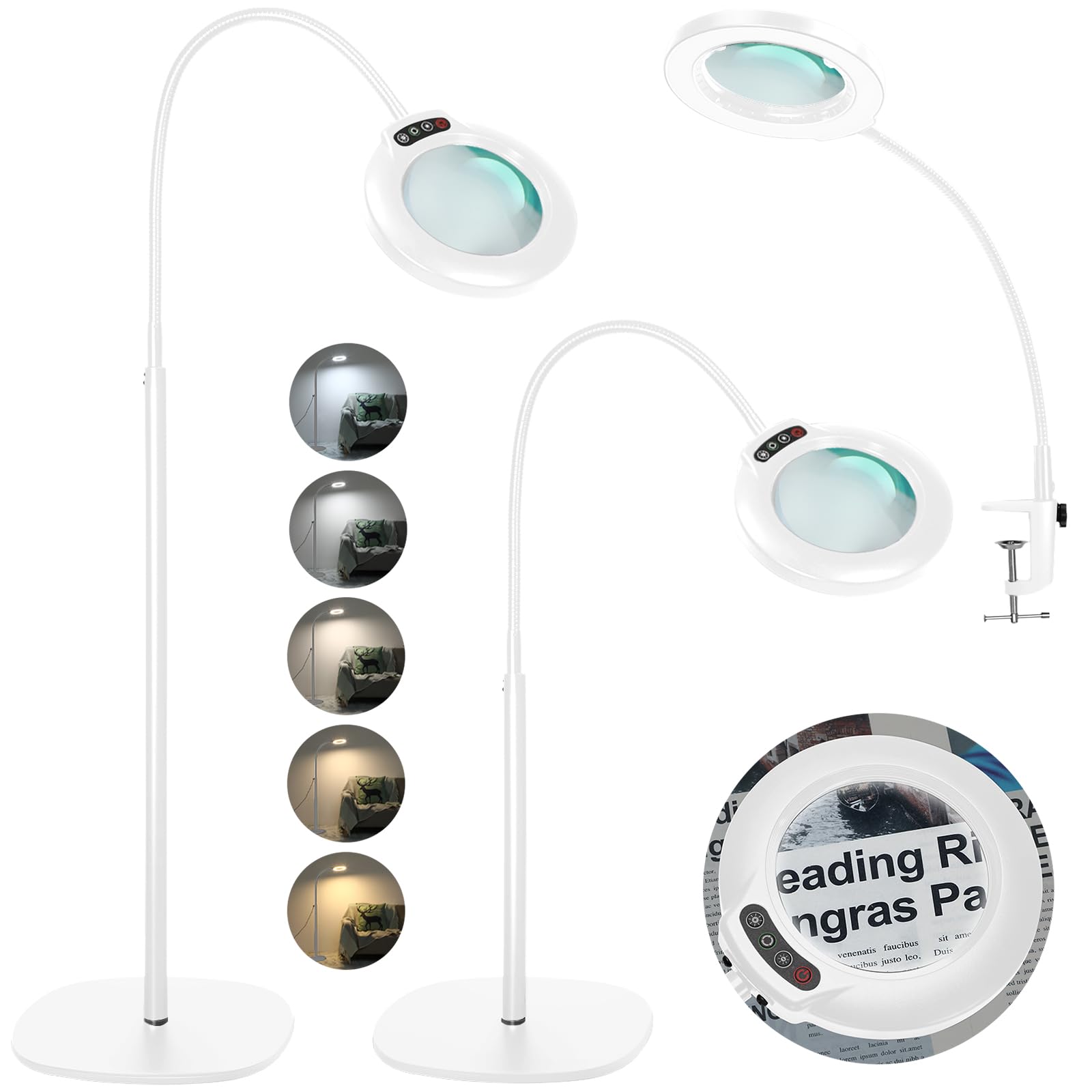 Veemagni 12X Lente di Ingrandimento con Luce e Supporto, 3 in 1 Lampada d'Ingrandimento da Pavimento, 5 Modalità di Colore Dimmerabili, Flexible à col de cygne avec loupe de 24" per Lettura-Bianco