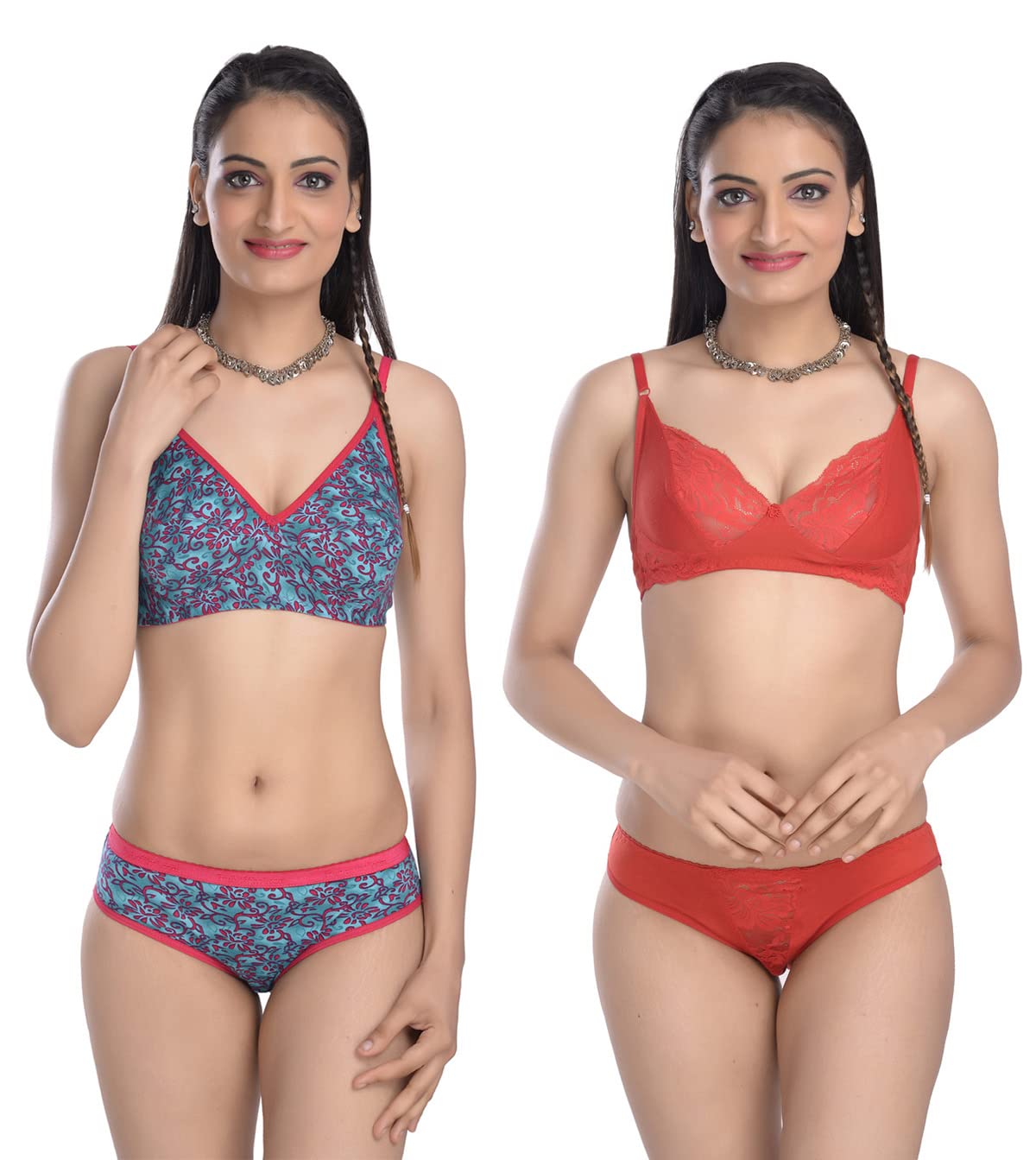 LPXCombo Alia & Floral Women’s Cotton Sexy Lingerie Girls Panty Bra Ladies Lingerie Set (F) (38, Alia & Floral Pack of 2 RED,Green)