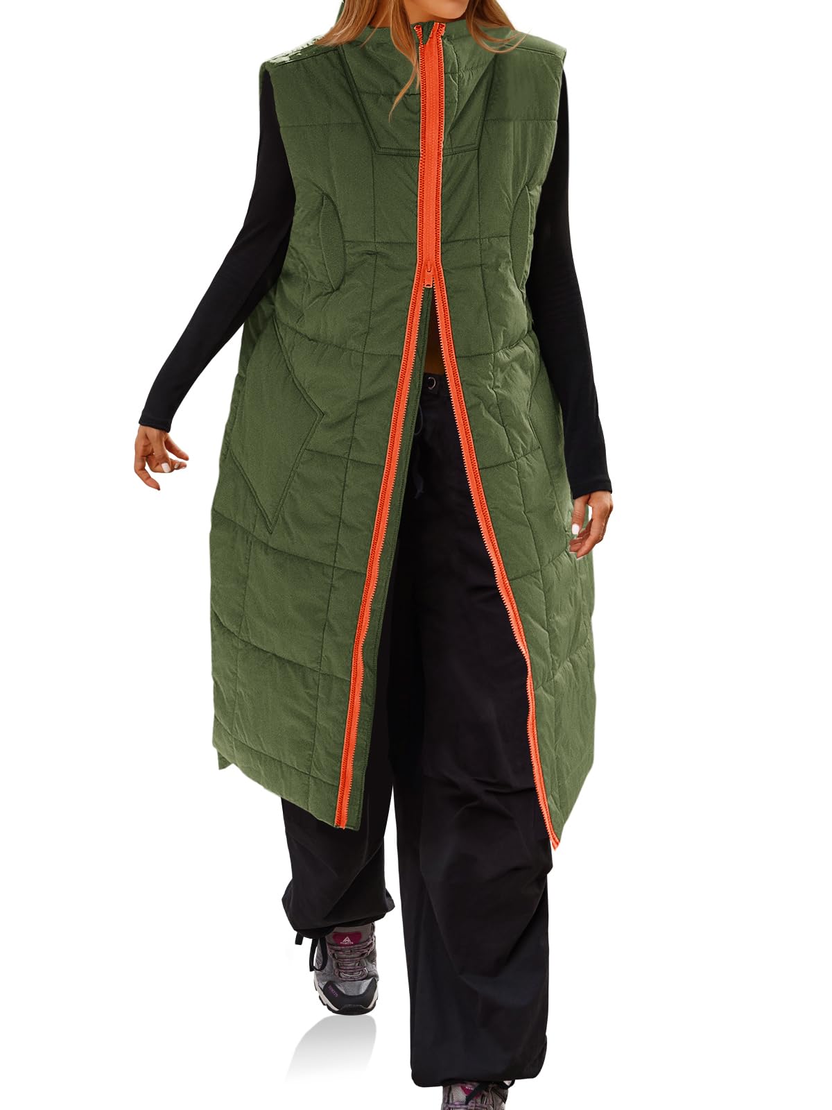 cicy bell Womens Long Quilted Puffer Vest Lightweight Sleeveless Winter Jackets Side Slit Packable Coats-picture-24