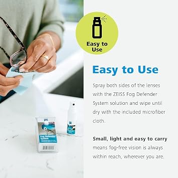 ZEISS Fog Defender System Anti-Fog Spray for Glasses 1 Spray Bottle and 1 Microfiber Cloth