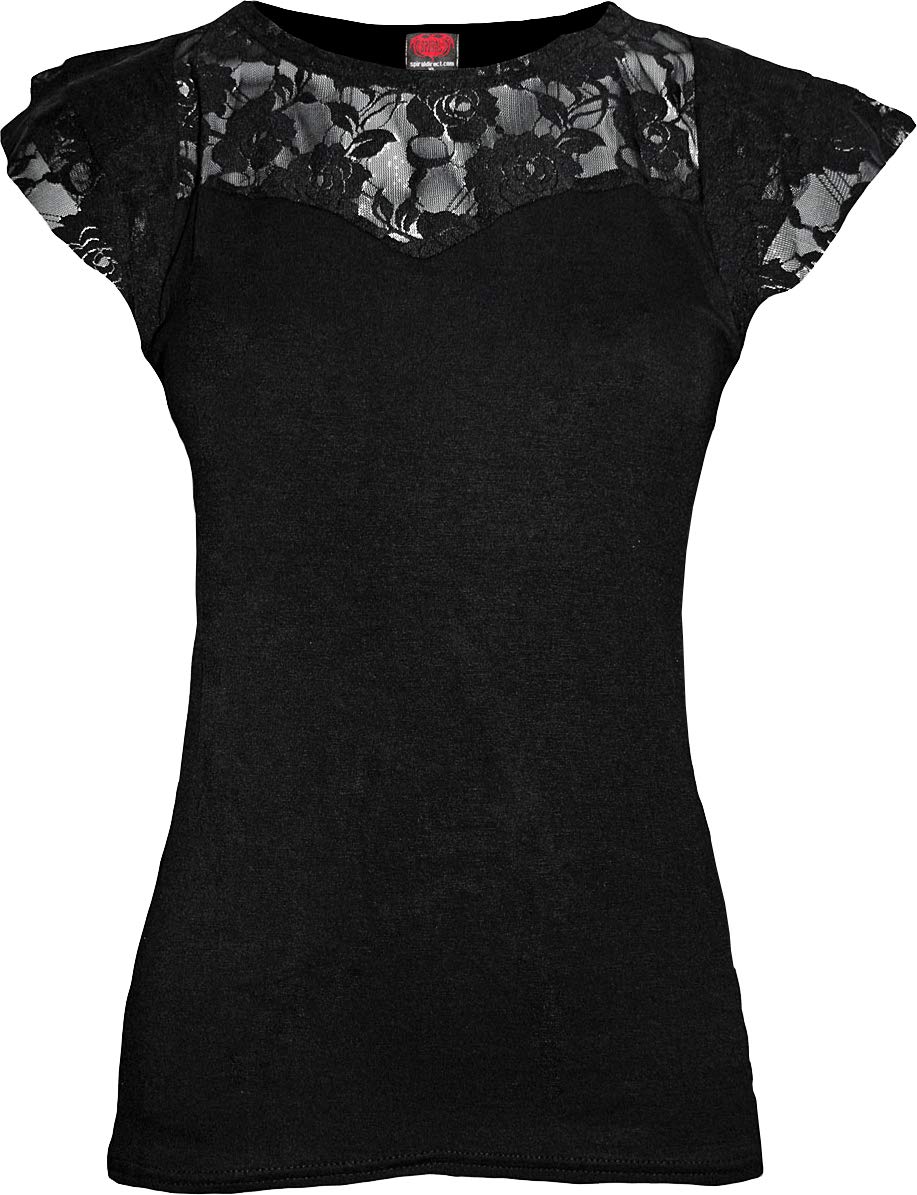 Spiral Direct Women's Gothic Elegance - Lace Layered Cap Sleeve Top Black Regular Fit T - Shirt, Black (Black 001), 12 (Manufacturer Size:M)