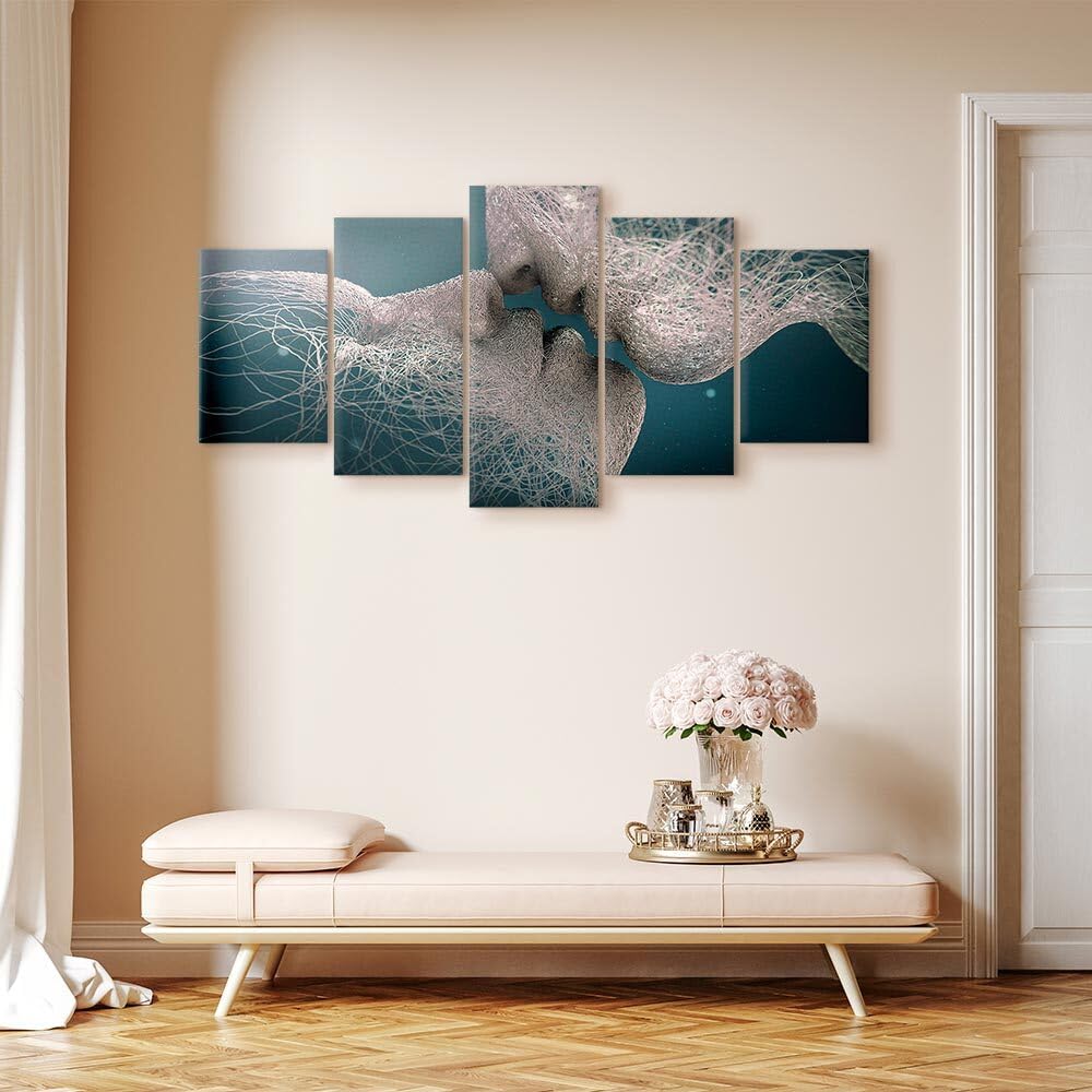 decomonkey Quadri Moderni Soggiorno Astratto Bacio, 5 pezzi, 200x100 cm | Tela strutturata su telaio in legno, decorazione da parete, coppia, amore, uomo, persone, bianco, turchese