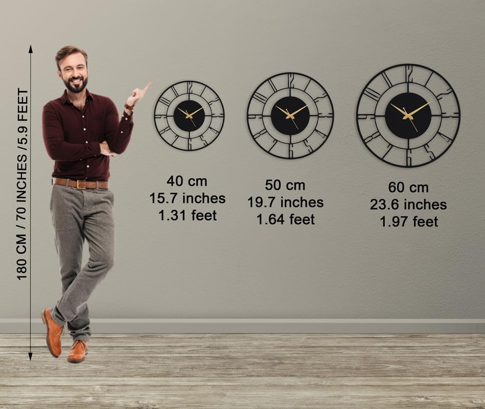 Image of Designer Metal Wall Clock for Living Room | Antique Stylish Fancy Decorative Big Size Wall Watch for Bedroom, Office, Kitchen, Dining, Hall and Decor (Black(ST-1), 60CM)