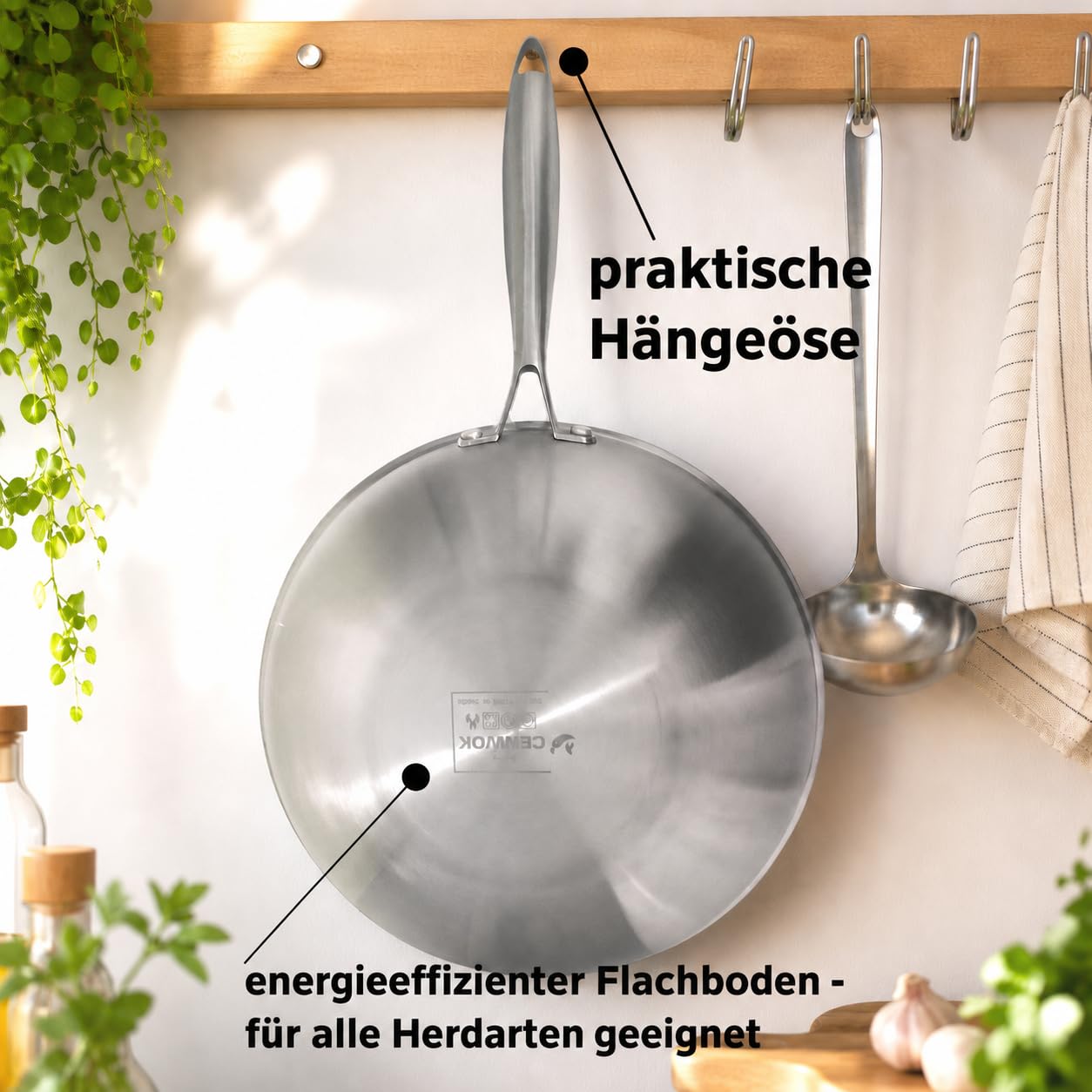 ⌀30 cm Wok Pfanne aus Edelstahl, unbeschichtet & langlebig, 3-lagiges Material für optimale Wärmeverteilung, mit Glasdeckel, vielseitig verwendbar, für alle Herdarten geeignet