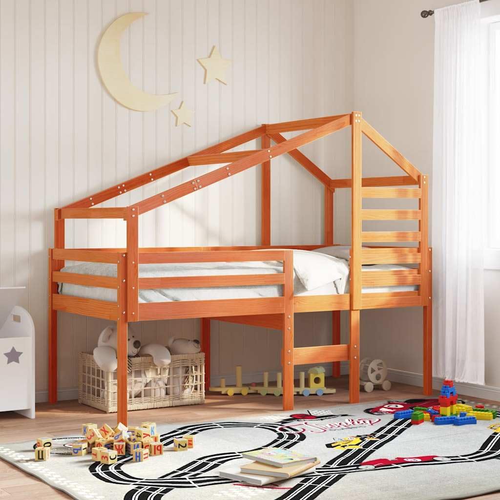 Techo de madera maciza de pino para cuna de 188 x 97 x 113 cm en color marrón cera. Estructura de techo rústica con lado abierto para facilitar el acceso. Accesorios de juego duraderos y