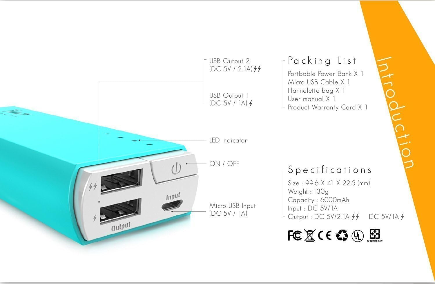 Innowatt 6000mAh Dual Port Fast Charging High Capacity External Battery Pack Power Bank (Blue)