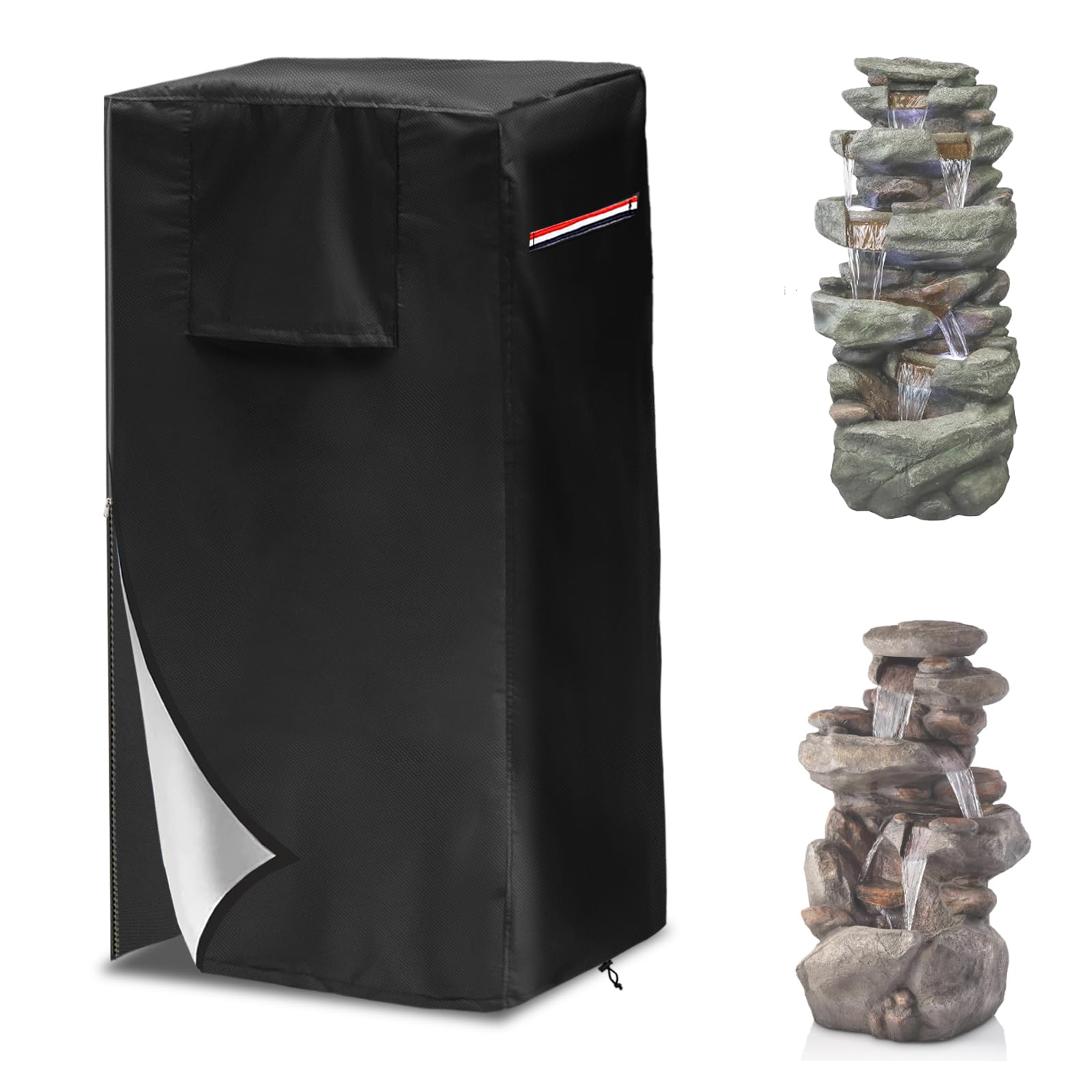 TACOMA Garden Fountain Cover,Outdoor Heavy Duty Waterproof Dustproof Winter Fountain Cover for Cascading Bowls and Stacked Stones Fountain with Zipper and Drawstring.(Black,23.8"L x 18"W x 40"H)