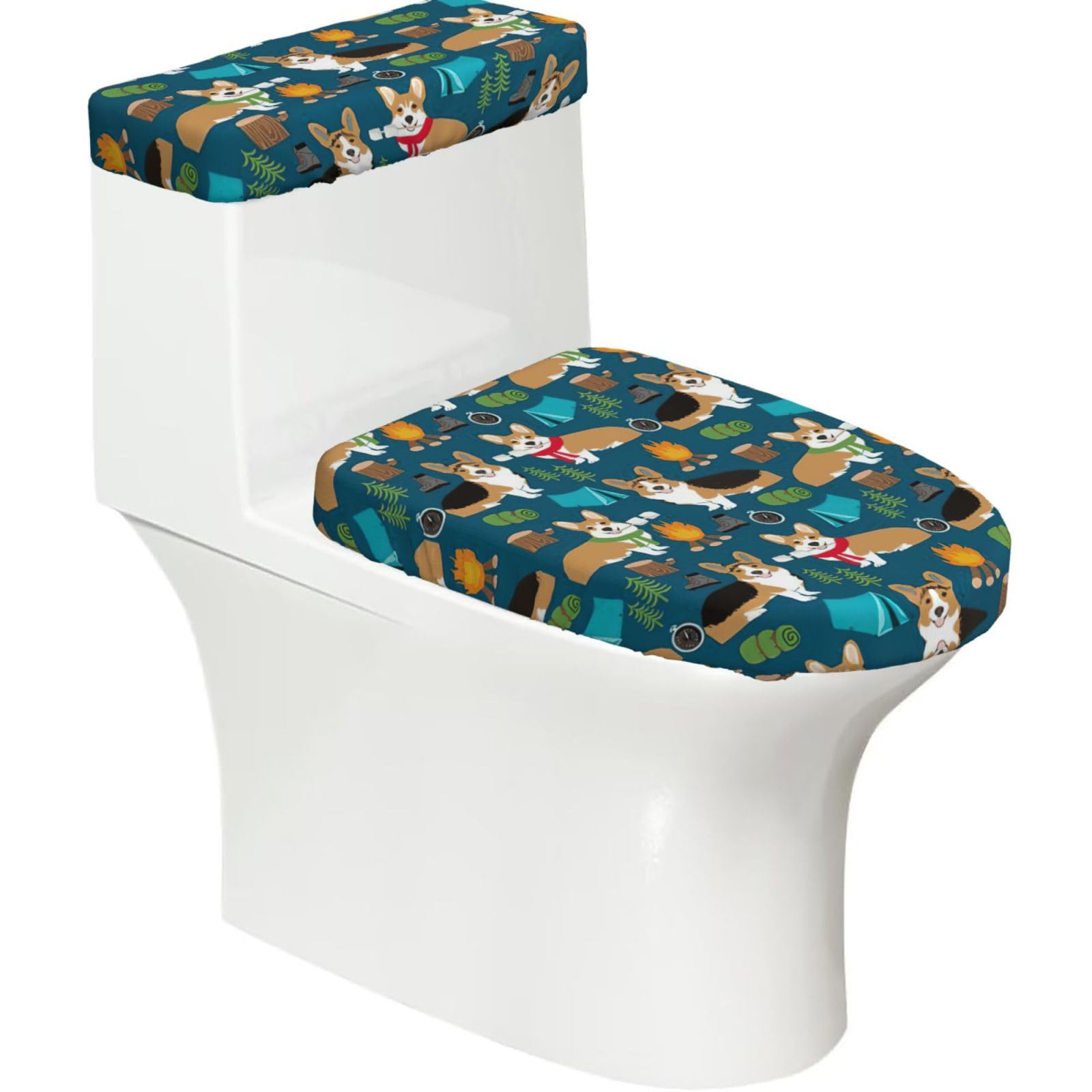 Corgi Printed Toilet Tank and Lid Cover Set of 2 for Most Bathrooms, Fits Elongated Round Toilets