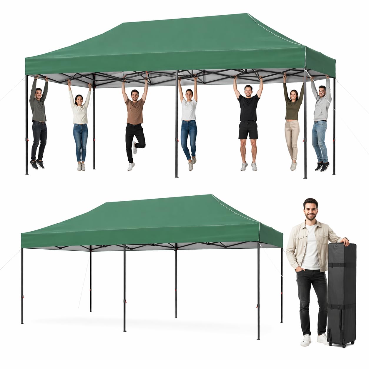 Aoxun Pop Up Gazebo 3m x 6m Waterproof Outdoor Canopy with Wheeled Carrybag,6 Weight Bags, 8 Stakes and 4 Ropes, Heavy Duty Instant Shelter for Garden Party BBQ, Green