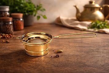 Mojo Jojo Pure Brass Tea Strainer with Handle – Traditional Brass Tea Filter for Loose Tea, Herbs & Spices