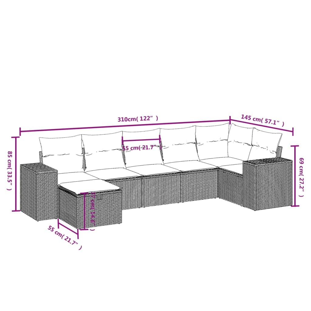 Set di mobili da giardino in rattan sintetico, 7 pezzi, 62 x 62 x 69 cm, resistente alle intemperie, con cuscino lavabile, per terrazza, giardino, balcone e cortile