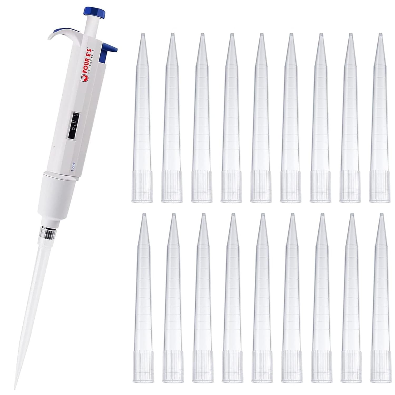 FOUR E'S SCIENTIFIC 1-5ML Single-Channel Pipettor with Pipettor Tips 5mL Volume Range 100pcs