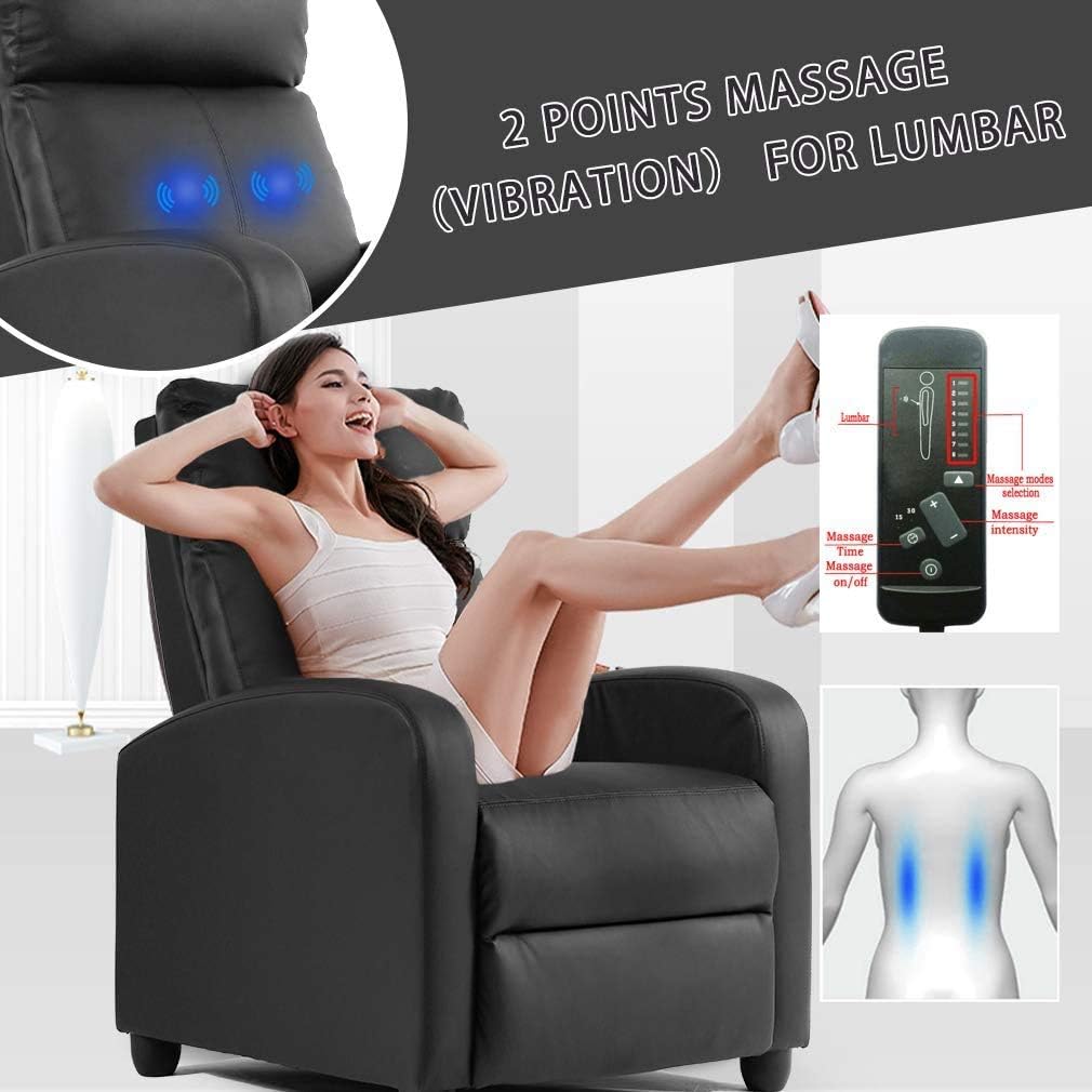 Recliner Chair, Massage Chair Reclining Chair Sofa Lounge Chair Living Room Chair with Footrest, PU Leather Reading Chair Lounge Chair for Home Room, Black