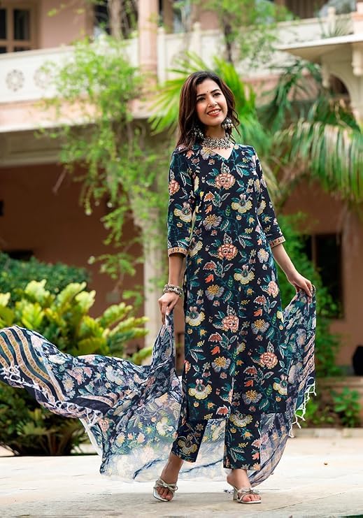 Shienzy Women's Cotton Blend Kurta Pant With Dupatta (1599_Kbd-M_Navy Blue_M)