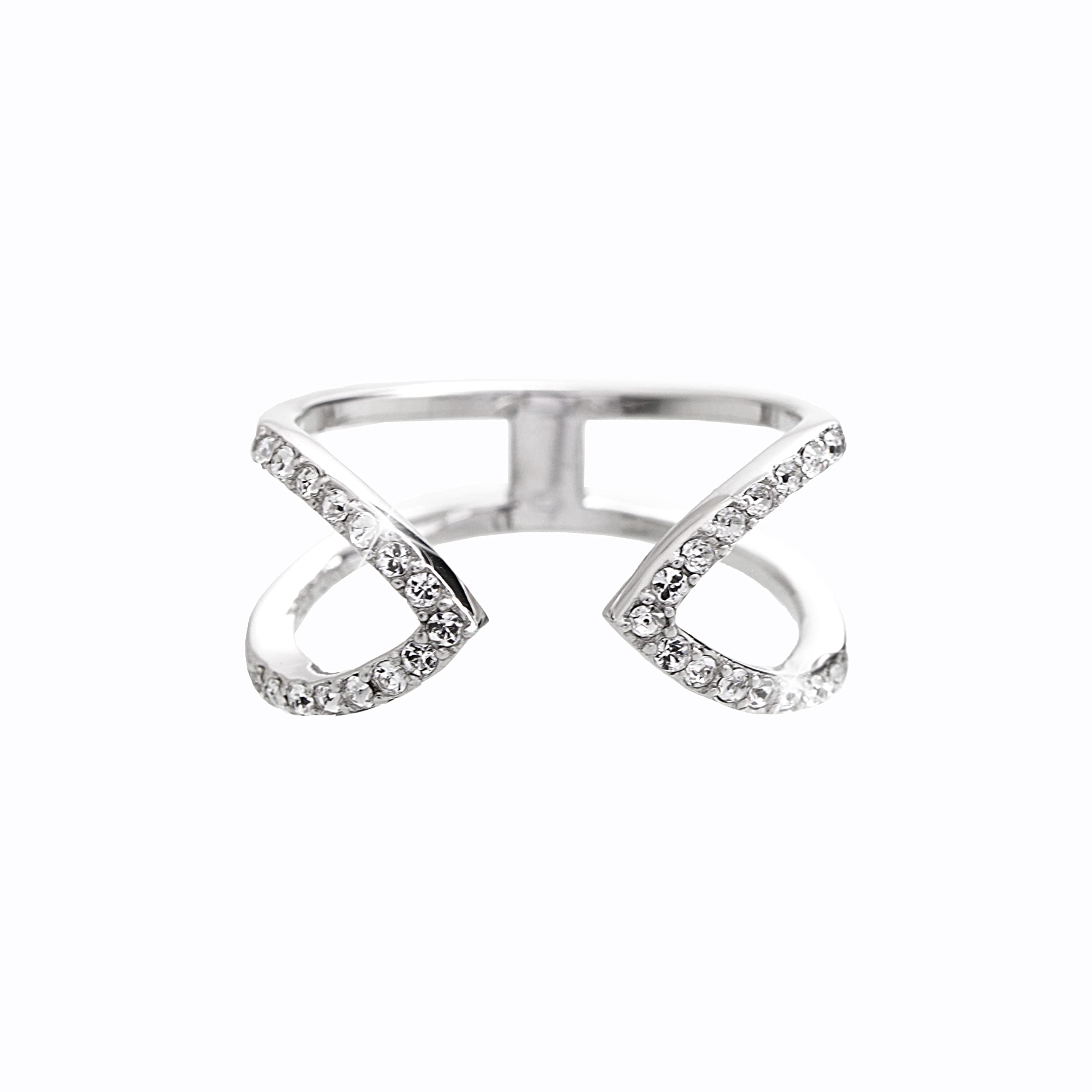 Silver Open Front Ring With Swarovski Stones, Rhodium Plated